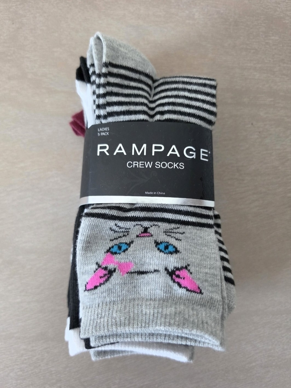 Rampage Gray Crew Socks with Pink & Blue Cat Accent - Pack